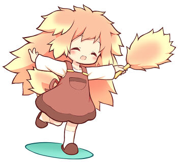 1girl :d ^_^ aikei_ake animal_ears blush brown_dress brown_slippers chibi closed_eyes colored_shadow commentary_request dress duster feather_duster full_body holding kneehighs long_sleeves open_mouth original personification running shadow shirt simple_background sleeveless sleeveless_dress slippers smile socks solo tail white_background white_shirt white_socks