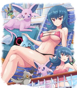 1girl absurdres bare_arms belt bikini black_bikini blue_hair bracelet breasts building cleavage collarbone commentary_request crossed_legs day espeon eyelashes fence gen_2_pokemon gen_3_pokemon gen_5_pokemon highres jewelry knees large_breasts long_hair looking_at_viewer looking_to_the_side lying medium_breasts metang multiple_views navel nintendo on_back open_mouth outdoors pidove pink_eyes pokemoa pokemon pokemon_(creature) pokemon_hgss sabrina_(pokemon) shiny_skin sigilyph smile swimsuit tongue wynaut