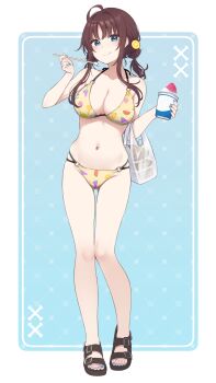 1girl :t ahoge bag bare_arms bare_shoulders bikini black_sandals blue_background blue_eyes blue_nails border breasts brown_bikini brown_hair closed_mouth collarbone cup disposable_cup eating food food_print fruit_print full_body gluteal_fold groin hands_up highres holding holding_cup holding_spoon large_breasts long_hair looking_at_viewer multi-strapped_bikini_bottom nagami_yuu nail_polish navel o-ring o-ring_bikini o-ring_bottom o-ring_top original plastic_bag print_bikini sandals shaved_ice solo spoon standing swimsuit thigh_gap toenail_polish toenails white_border yakisoba
