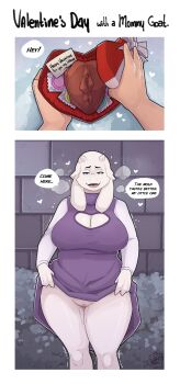 1boy 1girl animal_ears blue_eyes box box_of_chocolates breasts cheating_(relationship) chocolate cumbread english_text furry furry_female furry_with_non-furry heart huge_breasts interspecies juice netorare open_clothes open_mouth pussy pussy_juice smile speech_bubble toriel undertale utdr_(toby_fox) valentine valentine_chocolate