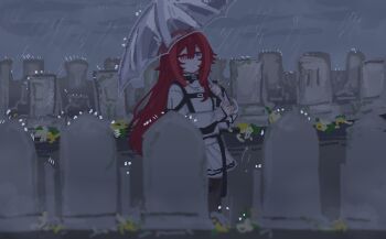 1girl ???_(assault_lily) assault_lily black_pantyhose blue_eyes chest_harness closed_mouth commentary cowboy_shot day english_commentary flower gatti_love graveyard hands_up harness heterochromia highres holding holding_umbrella long_hair long_sleeves looking_ahead miniskirt outdoors overcast pantyhose pleated_skirt rain red_eyes red_hair shirt skirt sky sleeves_past_wrists solo standing tombstone transparent transparent_umbrella umbrella very_long_hair white_flower white_shirt white_skirt yellow_flower