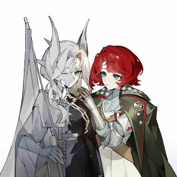 2girls absurdres armband black_cape black_jacket blue_eyes blue_shirt cape chain coat coat_on_shoulders commentary dress gauntlets green_coat grey_eyes grey_hair gun hair_ornament hand_up highres holding holding_gun holding_weapon jacket long_hair looking_at_viewer marsha_(reverse:1999) military_uniform multiple_girls one_eye_closed petrification quanx70909457 red_hair reverse:1999 rifle rod_of_asclepius sentinel_(reverse:1999) shirt short_hair symbol-only_commentary upper_body weapon white_armband white_background white_dress