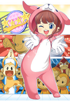 1girl ;d animal_costume animal_ears animal_hood audience blue_eyes brown_fur brown_hair clapping donkey_kong donkey_kong_(series) fake_animal_ears fake_tail gloves highres hood idol_(rhythm_tengoku) looking_at_another monkey monkey_(rhythm_tengoku) nintendo one_eye_closed open_mouth reaching rhythm_tengoku smile sparkle sparkling_eyes star_(symbol) tail tory