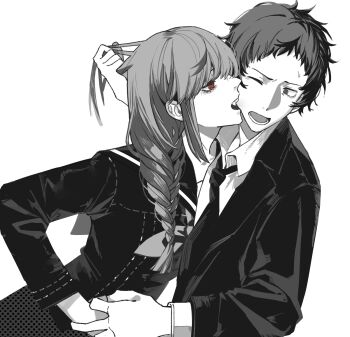 2boys adachi_tooru biting biting_cheek black_jacket black_necktie braid chouti_ttt commentary_request crossdressing crossdressing_(mtf) grabbing_another&#039;s_hair greyscale highres holding_another&#039;s_hair jacket long_hair looking_at_another male_focus monochrome multiple_boys narukami_yu neckerchief necktie open_mouth orange_eyes persona persona_4 sailor_collar school_uniform shirt short_hair simple_background spot_color upper_body white_background white_shirt wing_collar yaoi yasogami_school_uniform