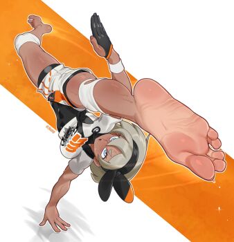 Rule 34 | 1girl, absurdres, artist name, barefoot, bea (pokemon), black gloves, black hairband, blush, bodysuit, bodysuit under clothes, bow hairband, breasts, dark-skinned female, dark skin, feet, foot focus, forehead, foreshortening, full body, gloves, grey eyes, grey hair, hairband, handstand, highres, knee pads, legs, looking at viewer, medium breasts, nintendo, open mouth, orange background, partially fingerless gloves, pokemon, pokemon swsh, print shorts, short shorts, shorts, single glove, soles, solo, spread legs, staerk, sweat, sweatdrop, toenails, toes, twitter username, two-tone background, upside-down, white background