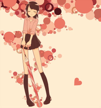 1girl abstract_background black_hair black_shoes black_skirt black_socks closed_umbrella full_body headphones heart holding holding_umbrella kneehighs long_hair long_sleeves miniskirt original pink_shirt pink_theme pink_umbrella pleated_skirt shirt shoes skirt socks solo standing three-quarter_sleeves umbrella yukitake_(bullfalk)