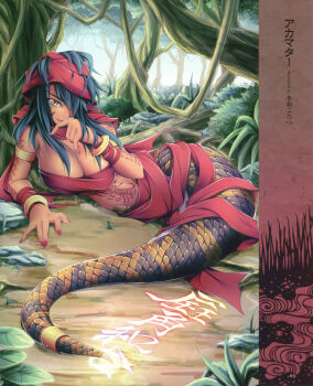 1girl absurdres blue_hair bracelet breasts cleavage female_focus fuyuwa_kotatsu hair_over_one_eye highres jewelry lamia large_breasts long_hair monster_girl nail_polish red_nails scan solo tail tattoo yellow_eyes