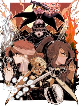 2boys 3girls arabian_clothes bartz_klauser bindi blonde_hair cape faris_scherwiz final_fantasy final_fantasy_v galuf_halm_baldesion harem_outfit harem_pants high_ponytail highres holding holding_shield holding_sword holding_weapon jewelry krile_mayer_baldesion_(ff5) lenna_charlotte_tycoon mouth_veil multiple_boys multiple_girls mystic_knight own_hands_together pants pink_hair ponytail purple_hair saitou_piyoko shaded_face shield square_enix sword turban veil weapon