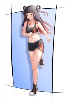 1girl 2_ru absurdres black_hair black_shoes black_shorts black_sports_bra blue_background blunt_bangs border breasts cleavage closed_mouth collarbone commentary_request converse dolphin_shorts exercising flame_print full_body gradient_background gradient_hair hair_rings hand_up highres long_sidelocks magia_record:_mahou_shoujo_madoka_magica_gaiden mahou_shoujo_madoka_magica multicolored_hair navel no_socks ooba_juri orange_hair outside_border print_shorts print_sports_bra red_eyes running shadow shoes short_shorts shorts sidelocks smile solo split_mouth sports_bra stomach sweat two_side_up v-shaped_eyebrows white_border