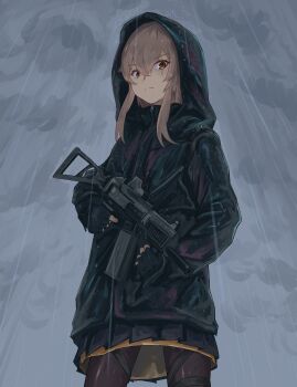 Rule 34 | 1girl, absurdres, black gloves, black jacket, black pantyhose, black skirt, brown eyes, brown hair, closed mouth, cloud, cloudy sky, commentary, cowboy shot, english commentary, fingerless gloves, girls' frontline, gloves, gun, h&amp;k ump, hair between eyes, hand in pocket, heckler &amp; koch, highres, holding, holding gun, holding weapon, hood, hood up, hooded jacket, jacket, long hair, looking at viewer, outdoors, pantyhose, pleated skirt, rain, scar, scar across eye, scar on face, skirt, sky, solo, standing, submachine gun, trigger discipline, ump45 (girls' frontline), weapon, wet, yao yang