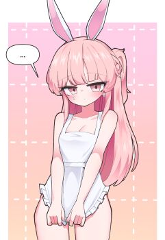 ... 1girl absurdres animal_ears apron apron_tug blunt_bangs blush border breasts cleavage closed_mouth collarbone commission cowboy_shot hh highres long_hair looking_at_viewer medium_breasts naked_apron original outside_border pink_eyes pink_hair rabbit_ears rabbit_girl solo spoken_ellipsis white_apron white_border