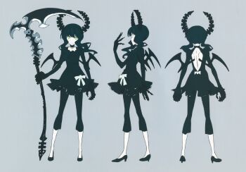 1girl absurdres black_dress black_hair black_horns black_leggings black_rock_shooter dead_master dress green_eyes high_heels highres holding holding_scythe horns leggings matsuo_yuusuke medium_hair official_art pale_skin production_art reference_sheet scythe skeletal_hand skeletal_wings wings