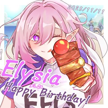 1boy 2girls breasts brochette commentary_request diamond-shaped_pupils diamond_(shape) elf elysia_(herrscher_of_human:_ego)_(honkai_impact) elysia_(honkai_impact) elysia_(summer_2024)_(honkai_impact) food fu_hua h3_hk happy_birthday highres holding holding_food honkai_(series) honkai_impact_3rd kalpas_(honkai_impact) large_breasts long_hair multiple_girls pink_hair pointy_ears purple_eyes solo_focus symbol-shaped_pupils two-tone_shirt very_long_hair