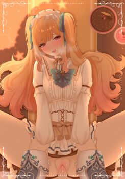 1boy 1girl absurdres akiyama_mizuki blonde_hair blush border bow bowtie breasts brown_ribbon cake center_frills chocolate_cake commentary dot_nose english_commentary food frills green_bow green_bowtie green_ribbon hair_ribbon heart heart_in_eye hetero highres himitsu_no_valentine_daisakusen!_(project_sekai) holding_another's_wrists inset_border kaitou_shinshi_no_harahara!?_white_day_(project_sekai) long_hair long_sleeves looking_at_viewer medium_breasts neck_ribbon official_alternate_costume official_alternate_hairstyle open_mouth ornate_border out_of_frame penis pink_eyes project_sekai puffy_long_sleeves puffy_sleeves pussy raised_inner_eyebrows ribbon sex shirt sidelocks sincerelyasmos smile solo_focus spread_legs symbol_in_eye tenma_saki twintails vaginal very_long_hair white_shirt