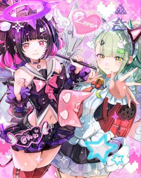 Rule 34 | + +, 2girls, :t, animal ear hairband, animal ears, bag, bare shoulders, bell, black choker, black dress, black hair, black skirt, black thighhighs, blush, bow, cat ear hairband, cat ears, chest bow, choker, closed mouth, colored inner hair, commentary, commentary request, crosshair pupils, detached sleeves, dress, earrings, fake animal ears, green eyes, green hair, green nails, hair ornament, hairband, hairclip, halo, heart, heart earrings, heart hair ornament, highres, holding, holding mace, holding weapon, jewelry, looking at viewer, mace, maid, maid headdress, multicolored hair, multiple girls, multiple hair clips, nangong yu, nangong yu (rhapsody's muse), navel, neck bell, official alternate costume, pink background, pout, purple halo, red bag, red eyes, short twintails, skirt, standing, star (symbol), sunna (afternoon tea break) (zenless zone zero), sunna (zenless zone zero), thighhighs, thighs, triangle, triangle hair ornament, twintails, weapon, white wings, winged bag, wings, yoichi555p, zenless zone zero