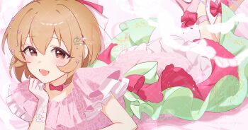ankle_strap blush brown_hair commentary_request commission crossed_ankles dress feet_up frilled_dress frills gloves highres idolmaster idolmaster_cinderella_girls koga_koharu looking_at_viewer lying on_stomach pink_dress pink_shoes rullep shoes short_hair skeb_commission smile watermark white_gloves