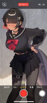 1girl absurdres alternate_costume black_hair black_pantyhose black_sailor_collar black_serafuku black_skirt blush breasts closed_mouth commentary_request ellen_joe fins fish_tail highres large_breasts long_sleeves looking_at_viewer mole mole_under_eye multicolored_hair pantyhose red_eyes red_hair sailor_collar school_uniform serafuku shark_girl shark_tail shiroserika short_hair skirt solo standing tail two-tone_hair zenless_zone_zero