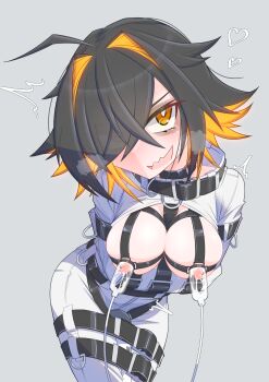 1girl absurdres ahoge bdsm black_hair bodysuit bondage bound bound_arms bound_legs breastless_straitjacket breasts breasts_out bright_pupils colored_inner_hair fangs female_focus gagged glowing glowing_hair grey_background hair_intakes hair_over_one_eye highres hitachi_magic_wand lactation menou_74 milking_machine multicolored_hair nipples no_bra orange_eyes orange_hair original sex_toy short_hair simple_background skin_fangs solo standing straitjacket tsurime two-tone_hair variant_set vibrator white_bodysuit white_pupils