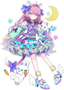 1girl ahoge animal_ear_fluff animal_ears black_bow blue_eyes blue_shoes blue_skirt blush_stickers bow cat_ears cat_girl cat_tail closed_mouth crescent full_body hair_between_eyes hair_intakes high_heels highres long_hair long_sleeves looking_at_viewer morumoru_x original pink_hair purple_bow rabbit shirt shoes simple_background skirt sleeve_bow smile socks solo standing star_(symbol) tail tail_bow tail_ornament white_background white_shirt white_socks