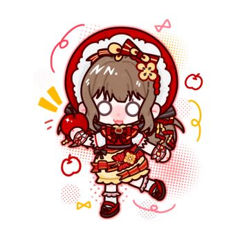 Rule 34 | 1girl, ankle socks, apple, apple slice, black bow, bonnet, bow, bowtie, brown hair, bubble skirt, chibi, chinese commentary, commentary request, dress, food, food-themed clothes, food-themed hair ornament, footwear bow, frilled dress, frilled headwear, frilled socks, frilled wrist cuffs, frills, fruit, hair bow, hair ornament, halftone, happy, holding, holding food, holding fruit, infinity nikki, lace-trimmed sleeves, lace trim, long hair, looking at viewer, low twintails, luoqianchen57923, mary janes, medium dress, multiple hair bows, nikki (series), o o, open mouth, outline, pinafore dress, pink outline, puffy short sleeves, puffy sleeves, red bonnet, red bow, red bowtie, red dress, red shoes, ribbon-trimmed sleeves, ribbon trim, shirt, shoes, short sleeves, sidelocks, skirt, sleeveless, sleeveless dress, smile, socks, solo, standing, striped bow, sweet memories (infinity nikki), twintails, two-tone dress, wavy hair, white background, white bow, white shirt, white socks, white wrist cuffs, wrist bow, wrist cuffs, yellow dress