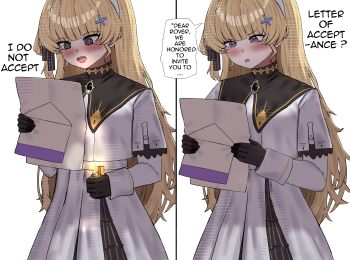 1girl 2na_(blue2na) @_@ absurdres black_gloves blonde_hair blush commentary english_commentary english_text gloves hair_ornament hairband highres holding holding_letter holding_lighter letter lighter long_hair long_sleeves no_headwear open_mouth phoebe_(wuthering_waves) purple_eyes shirt skirt trembling very_long_hair white_hairband white_shirt white_skirt wuthering_waves x_hair_ornament yandere