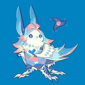 ahoge bird blue_background blue_sclera bright_pupils colored_inner_hair colored_sclera colored_skin creature curtained_hair diamond-shaped_eyes diamond-shaped_pupils diamond_(shape) edarow fakemon four-legged four_legs hybrid_monster medium_hair multicolored_hair multicolored_skin no_humans scales simple_background solo symbol-shaped_pupils talons white_pupils white_skin winged_arms wings