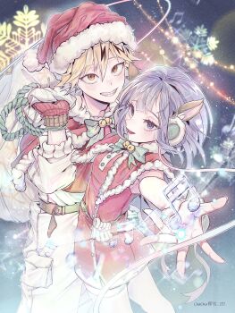 1boy 1girl bell black_hair blonde_hair boku_no_hero_academia bow capelet christmas fur-trimmed_capelet fur_trim green_bow hat highres holding holding_sack jiro_kyoka kaminari_denki multicolored_hair musical_note purple_eyes purple_hair sack santa_hat snowflakes ye_77i
