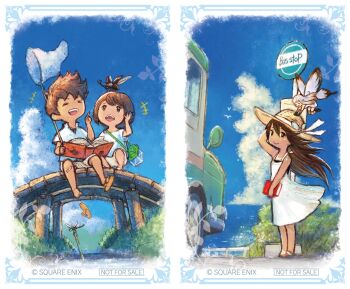 2boys 2girls :d :o agnes_oblige airy_(bravely_default) beetle book bravely_default:_flying_fairy bravely_default_(series) bridge brown_eyes brown_hair bug bus_stop butterfly_net butterfly_wings commentary_request copyright_notice dragonfly dress fairy hand_net hat highres holding holding_book ikusy insect insect_wings long_hair looking_at_viewer mini_person minigirl multiple_boys multiple_girls not_for_sale open_book open_mouth sitting smile split_screen sun_hat til_arrior tiz_arrior white_dress wings