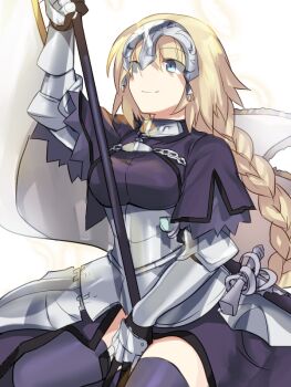 Rule 34 | 1girl, armor, armored dress, black dress, black thighhighs, blonde hair, blue eyes, breasts, cape, chain, closed mouth, commentary request, dress, fate/apocrypha, fate (series), gauntlets, headpiece, jeanne d'arc (fate), jeanne d'arc (ruler) (fate), large breasts, long braid, long hair, luminosite eternelle, nikame, sheath, sheathed, short dress, short sleeves, smile, solo, thighhighs, underbust, very long hair, white cape