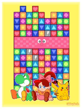 Rule 34 | 1girl, :3, absurdres, artist name, beads, black eyes, blue eyes, blush, blush stickers, border, bow, brown hair, closed mouth, colorful, crossover, dress, frog, gen 1 pokemon, hair bow, hibbysloth, high ponytail, highres, lip (panel de pon), long hair, looking at viewer, nintendo, orange shirt, outline, outside border, panel de pon, pikachu, pink bow, pink dress, pink ribbon, pink skirt, pointy ears, pokemon, pokemon (creature), ponytail, puffy sleeves, red hair, ribbon, shirt, shoe soles, shoes, short sleeves, simple background, sitting, skirt, smile, square, star (symbol), stuffed toy, white border, white outline, yellow background, yoshi