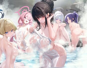 5girls absurdres ass back bent_over black_hair blonde_hair blue_archive blue_eyes blue_halo breasts cleavage commentary completely_nude convenient_censoring hair_between_eyes hair_bun hair_intakes halo hanging_breasts high_ponytail highres huge_breasts koyuki_(blue_archive) leaning_forward long_hair looking_at_viewer looking_back looking_to_the_side low_twintails medium_breasts multiple_girls naked_towel noa_(blue_archive) noa_(skae3323) nude onsen outdoors partially_submerged pink_hair pink_halo ponytail purple_eyes purple_hair red_eyes ringed_eyes rio_(blue_archive) see-through_towel sideboob sidelocks sitting small_breasts steam steam_censor thighs toki_(blue_archive) towel towel_on_head twintails very_long_hair water wet wet_towel yuuka_(blue_archive)