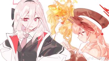 3girls animal_ear_fluff animal_ears bare_shoulders black_hairband black_hat black_jacket black_shirt black_wings blonde_hair blue_archive chinese_commentary closed_mouth collared_shirt commentary_request feathered_wings fox_ears fox_girl grey_hair hairband halo hat head_wings highres jacket kei_(blue_archive) kei_(student)_(blue_archive) koharu_(blue_archive) long_hair multiple_girls neckerchief necktie official_alternate_costume official_alternate_hairstyle one-piece_swimsuit open_clothes open_jacket pink_hair pink_halo pink_neckerchief red_eyes red_halo seia_(blue_archive) seia_(swimsuit)_(blue_archive) shirt smile sunglasses swimsuit tinted_eyewear visor_cap watermark weibo_watermark white_jacket white_one-piece_swimsuit white_shirt wings yellow-tinted_eyewear yellow_halo yellow_jacket yu-y_(824412)
