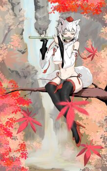 1girl absurdres adapted_costume animal_ears artist_request autumn_leaves bare_shoulders black_bridal_gauntlets black_loincloth black_thighhighs black_veil borrowed_design breast_curtain breasts bridal_gauntlets bush closed_eyes commentary_request detached_sleeves falling_leaves flute full_body groin hat high_heels highres in_tree instrument inubashiri_momiji leaf long_sleeves mouth_veil music navel playing_flute playing_instrument pom_pom_(clothes) red_hat red_ribbon red_shoes ribbon see-through_clothes see-through_veil shoes short_hair sitting sitting_in_tree solo tail thighhighs tokin_hat touhou tree turtleneck underboob veil water waterfall white_hat white_tail wide_sleeves wolf_ears wolf_tail