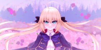1girl absurdres ahoge artoria_caster_(fate) artoria_caster_(second_ascension)_(fate) artoria_pendragon_(fate) black_gloves blonde_hair blue_cape blush breasts cape darkkin dress fate/grand_order fate_(series) field flower flower_field gloves green_eyes highres long_hair long_sleeves looking_at_viewer multicolored_cape red_cape small_breasts smile solo twintails white_dress