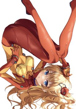 Rule 34 | 1girl, @shun, ass, blue eyes, blush, bodysuit, breasts, brown hair, covered navel, evangelion: 2.0 you can (not) advance, highres, looking at viewer, mecha pilot suit, multicolored bodysuit, neon genesis evangelion, plugsuit (evangelion), rebuild of evangelion, red bodysuit, shiny clothes, shiny skin, skin tight, solo, souryuu asuka langley, test plugsuit (evangelion), two side up, white background, wide hips