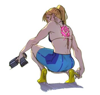 alternate_costume ass bikini bikini_top_only blonde_hair blue_eyes cel_shading full_body gun handgun high_heels long_hair looking_at_viewer looking_back metroid muscular muscular_female nintendo nips_(ohnips) non-web_source pistol ponytail samus_aran shoes simple_background squatting swimsuit trigger_discipline weapon white_background yellow_shoes zero_suit