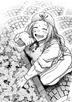 Rule 34 | 1girl, beret, braid, china dress, chinese clothes, closed eyes, collared shirt, dirty, dirty face, dress, flower, garden, gardening, gloves, greyscale, happy, hat, hat ornament, highres, hong meiling, koyubi (littlefinger1988), long hair, monochrome, neck ribbon, open mouth, pants, ribbon, seiza, shirt, short sleeves, sitting, solo, star (symbol), star hat ornament, touhou