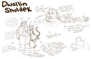 1boy 1girl arrow_(symbol) asheltots beard blush boots checkered_clothes checkered_shirt collared_shirt couple dress dwallin_(asheltots) dwarf english_text facial_hair gnome height height_difference highres linnwynn_coriwick_(asheltots) long_hair medium_hair monogatari_(series) pants reference_sheet shirt shoes sketch sleeveless sleeveless_dress tail vest