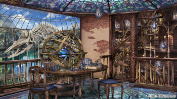 armillary_sphere balance_scale book book_stack bookshelf bottle brick_wall bungou_to_alchemist chair cloud copyright_notice day dinosaur_skeleton dome giant_skeleton glass_dome glass_floor hanging_light indoors no_humans official_art pillar railing scenery spiral_staircase stained_glass stairs table vial weighing_scale wooden_chair wooden_table