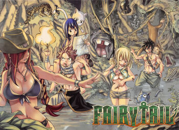 2boys 3girls abs animal backpack bag bandaid barefoot bikini bikini_top_only black_hair blonde_hair blue_hair braid branch breasts charle_(fairy_tail) cleavage clothes_lift copyright_name cowboy_hat crocodile crocodilian erza_scarlet fairy_tail fire forest front-tie_top gray_fullbuster hair_over_one_eye happy_(fairy_tail) hat highres hippopotamus jewelry jungle large_breasts long_hair lucy_heartfilia map mashima_hiro midriff monkey multiple_boys multiple_girls muscular natsu_dragneel nature navel necklace official_art one_eye_closed open_mouth red_hair scarf shirt_lift topless_male short_hair short_shorts shorts shoulder_bag spiked_hair swimsuit twin_braids underboob walking water wendy_marvell wince wristband