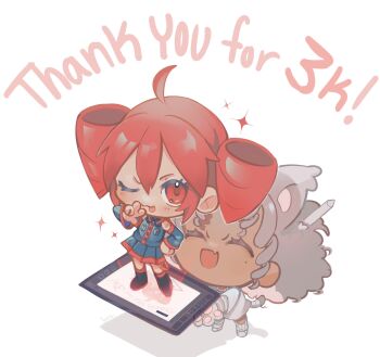 1girl 1other ;3 ahoge animal_ears artist_self-insert black_footwear black_shirt black_skirt black_sleeves blush boots cat_ears cat_girl closed_mouth dark_skin detached_sleeves double-parted_bangs drawing_tablet drill_hair fang hair_between_eyes highres holding holding_drawing_tablet ianxy2 kasane_teto kasane_teto_(utau) knee_boots long_hair long_sleeves one_eye_closed open_mouth pleated_skirt red_eyes red_hair red_trim shadow shirt simple_background skin_fang skirt sleeveless sleeveless_shirt star_(symbol) thank_you tongue tongue_out twin_drills utau w white_background white_footwear