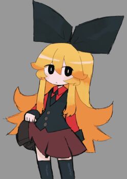 1girl :< alice's_adventures_in_wonderland alice_(alice_in_wonderland) black_necktie black_ribbon black_thighhighs black_vest blonde_hair buttons closed_mouth clothes_lift collared_shirt cosplay funamusea grey_background hair_ribbon highres iesonatana long_hair looking_to_the_side moge-ko moge-ko_(cosplay) mogeko_castle necktie pleated_skirt red_shirt red_skirt ribbon shirt simple_background skirt skirt_lift solo thighhighs vest