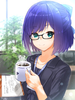1girl a-chan_(1st_costume)_(hololive) a-chan_(hololive) black-framed_eyewear black_jacket black_shirt blue_hair closed_mouth coffee coffee_mug commentary cup glasses highres holding holding_cup hololive id_card indoors jacket looking_at_viewer medium_hair mug plant potted_plant shirt smile solo u_da_desu virtual_youtuber