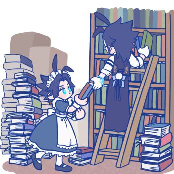 105zz 2boys animal_ears apron black_apron black_dress black_hair black_shoes blue_eyes book bookshelf butler commentary_request crossdressing crossdressing_(mtf) dress dual_persona final_fantasy final_fantasy_vii final_fantasy_vii_ever_crisis full_body gloves holding holding_book looking_at_another maid maid_apron maid_headdress male_focus multiple_boys official_alternate_costume on_ladder parted_bangs rabbit_ears rabbit_tail shoes spiked_hair tail waist_apron white_gloves zack_fair zack_fair_(bunny_butler)