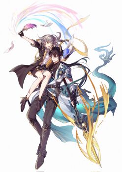 1boy 1girl arm_up as_i've_written_(honkai:_star_rail) black_boots black_gloves black_hair black_jacket black_pants black_shirt black_skirt book boots carrying carrying_person coat corrupted_twitter_file dan_heng_(honkai:_star_rail) dan_heng_(permansor_terrae)_(honkai:_star_rail) dragon_boy dragon_horns dragon_tail earclip falling_paper full_body gloves grey_hair hashtag-only_commentary high_heel_boots high_heels highres holding holding_book holding_polearm holding_quill holding_weapon honkai:_star_rail honkai_(series) horns jacket long_hair looking_at_viewer open_mouth pants paper parted_lips pointy_ears polearm ponytail quill shirt simple_background skirt spear stelle_(honkai:_star_rail) szlljxk tail thigh_strap trailblazer_(honkai:_star_rail) very_long_hair weapon white_background white_coat white_shirt yellow_eyes yellow_horns