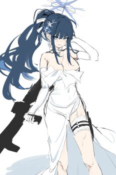 1girl absurdres blue_archive blue_eyes blue_hair blue_halo breasts candy_moon777 cleavage commentary dress elbow_gloves gloves gun hair_between_eyes hair_ribbon halo hand_in_own_hair hand_up highres holding holding_gun holding_weapon large_breasts long_hair looking_at_viewer official_alternate_costume ponytail ribbon sidelocks sketch solo strapless strapless_dress thigh_strap weapon white_dress white_gloves