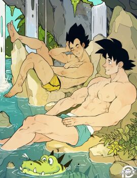 2boys aqua_male_swimwear black_hair bug closed_eyes closed_mouth commentary couple crocodile crocodilian dragon_ball dragonball_z dragonfly english_commentary insect male_focus male_swimwear multiple_boys muscular muscular_male patreon_logo reapersun scar scar_on_chest scar_on_leg scar_on_shoulder short_hair smile son_goku spiked_hair topless_male vegeta water waterfall watermark web_address widow's_peak yaoi yellow_male_swimwear