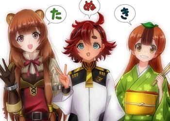 3girls :d \||/ animal_ear_fluff animal_ears aqua_eyes armor artist_name belt black_dress black_hairband black_jacket breastplate brown_armor brown_belt brown_gloves brown_hair collared_dress collared_jacket commentary_request crossover double-parted_bangs dress elbow_gloves gloves gohei green_kimono grin gundam gundam_suisei_no_majo hair_between_eyes hair_tubes hairband hand_up head_tilt high_collar holding holding_gohei jacket japanese_clothes kimono leaf leaf_on_head leather leather_armor leather_gloves long_sleeves mameda_(uchi_no_shisho_wa_shippo_ga_nai) messy_hair metal_arm_cuffs metal_hair_tubes metal_wrist_cuffs multicolored_hair multicolored_jacket multiple_girls neck_ribbon obi open_mouth pauldrons pink_eyes raccoon_ears raccoon_girl raised_eyebrows raphtalia red_dress red_hair red_ribbon ribbon sash short_hair shoulder_armor sidelocks signature simple_background single_pauldron sleeveless sleeveless_dress smile speech_bubble standing straight-on straight_hair suletta_mercury tate_no_yuusha_no_nariagari translation_request two-tone_dress two-tone_hair two-tone_jacket uchi_no_shisho_wa_shippo_ga_nai upper_body user_uxdj8782 v watermark white_background white_dress white_jacket wide_sleeves yellow_eyes yellow_sash