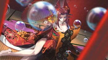 1girl bare_legs bare_shoulders blue_eyes breasts bubble cleavage code_geass code_geass:_genesic_re;code collar commentary_request geisha hair_ornament hairpin japanese_clothes kimono konno_tohiro kouzuki_kallen looking_at_viewer medium_breasts official_art oiran red_hair smoking_pipe tatami umbrella