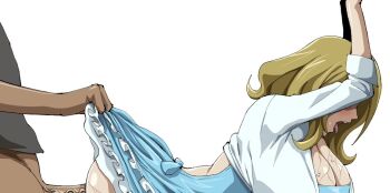 1boy 1girl blonde_hair breasts cleavage clothes_lift code_geass hanging_breasts hetero iwao178 long_hair milly_ashford open_mouth penis sex sex_from_behind shiny_skin simple_background skirt skirt_lift tongue tongue_out vaginal white_background